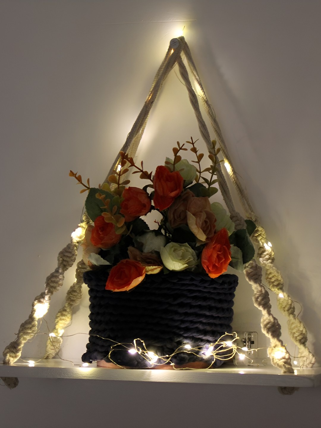 

VAH Kya Bat Hai !! Wood Knotting Wall Hanging Shelf with Jute Rope & LED Lights, White