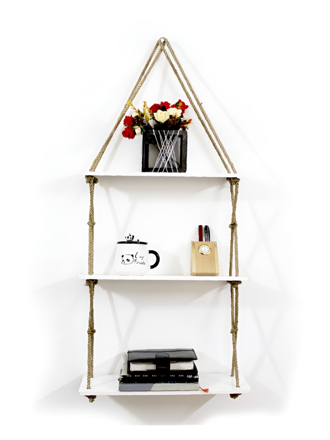 

VAH Kya Bat Hai !! 3 Tier Wooden Shelf with Cross Jute Rope, White