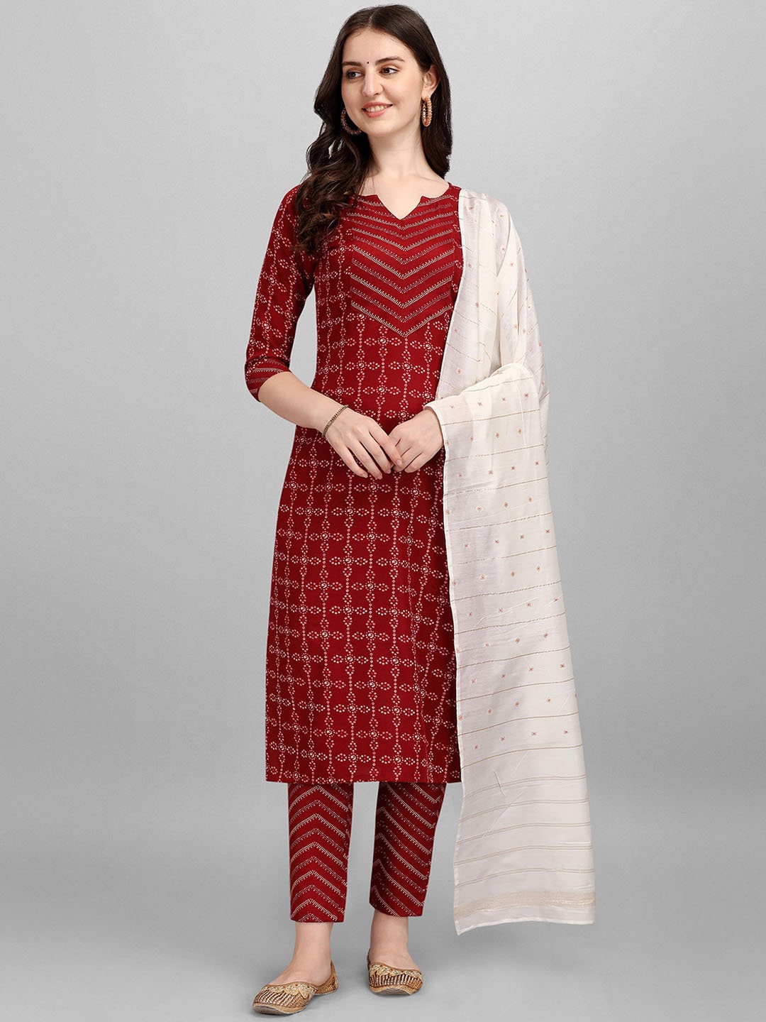 

WILNERCROWN Printed Notched Neck Pure Cotton Straight Kurta With Trouser & Dupatta, Red