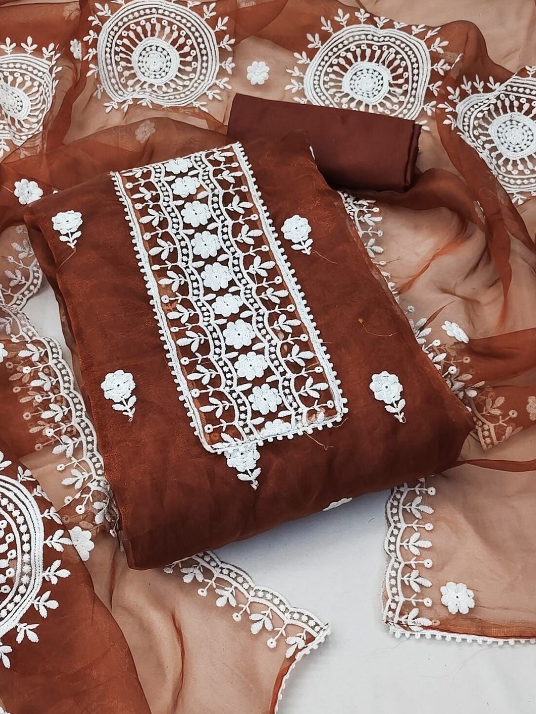 

Panzora Floral Embroidered Organza Unstitched Dress Material, Brown