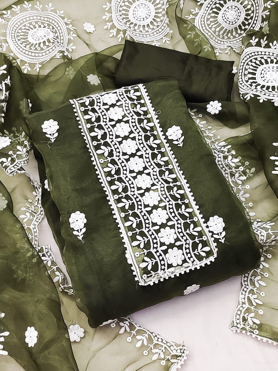 

Panzora Floral Embroidered Organza Unstitched Dress Material, Green