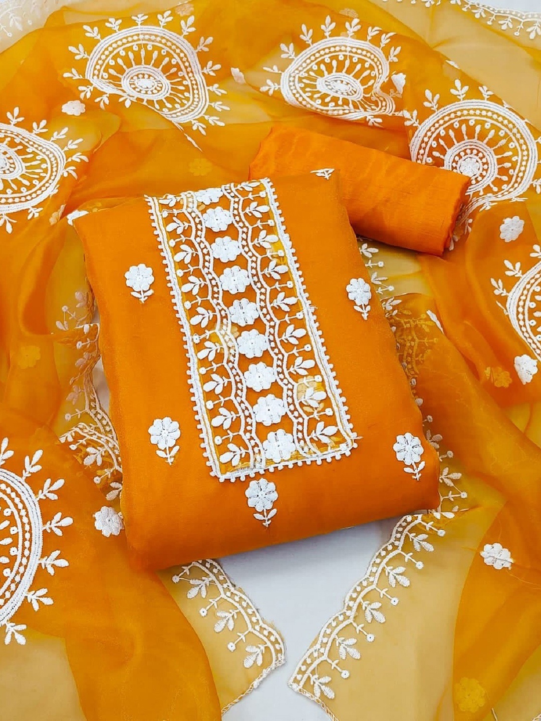 

Panzora Embroidered Organza Unstitched Dress Material, Orange