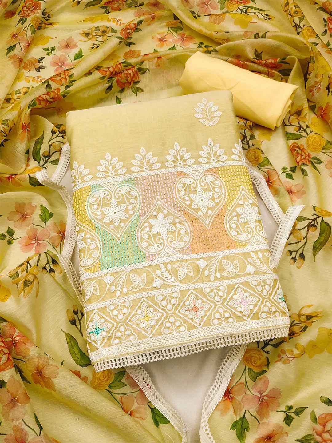 

Panzora Floral Embroidered Unstitched Dress Material, Yellow
