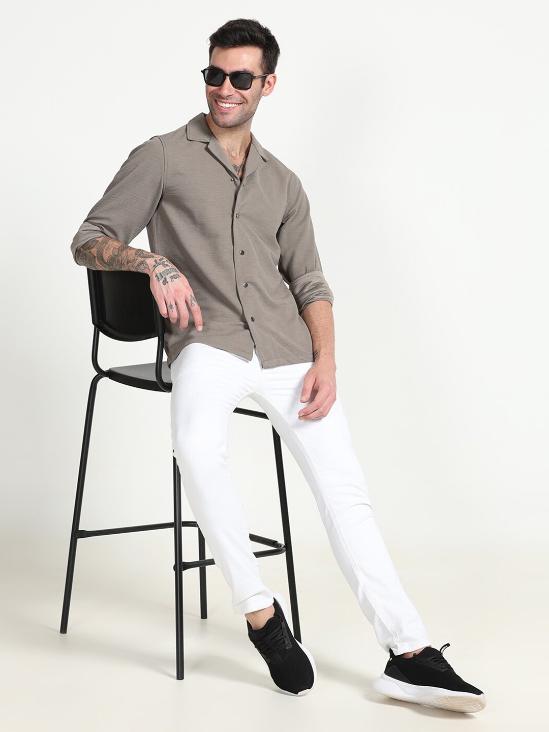 

FLY 69 Premium Spread Collar Slim Fit Boxy Pure Cotton Casual Shirt, Beige