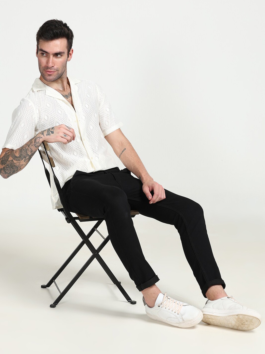 

FLY 69 Premium Spread Collar Self Design Boxy Opaque Casual Shirt, Off white