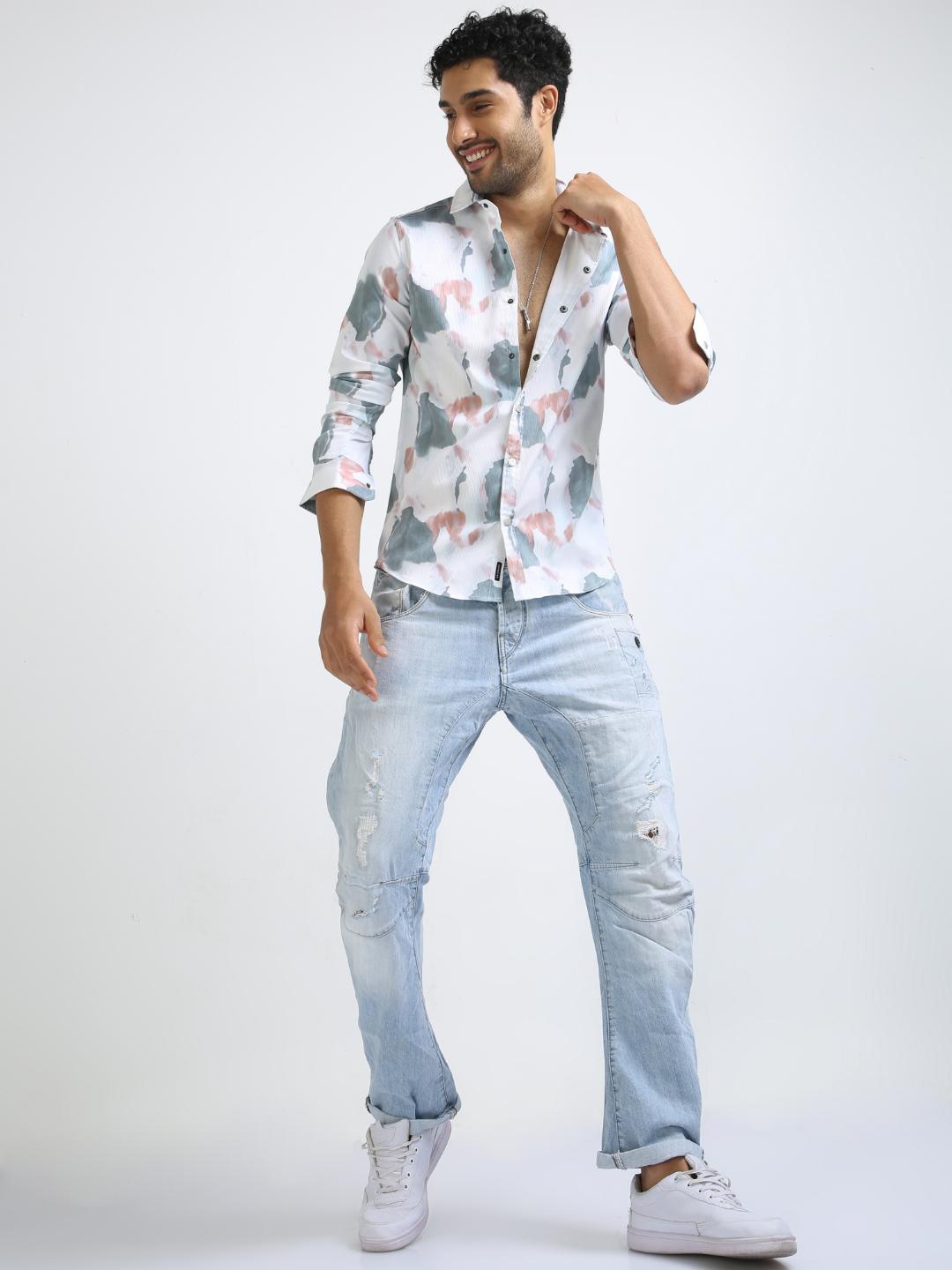

FLY 69 Premium Slim Fit Abstract Printed Casual Pure Cotton Shirt, White