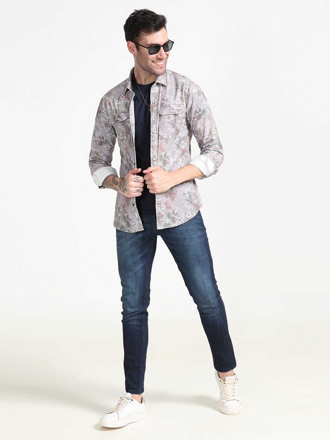 

FLY 69 Premium Slim Fit Floral Printed Casual Corduroy Shirt, Pink
