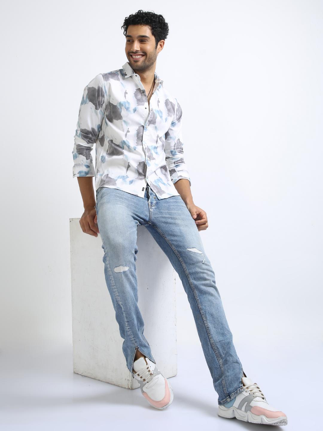 

FLY 69 Premium Slim Fit Floral Floral Printed Casual Pure Cotton Shirt, White