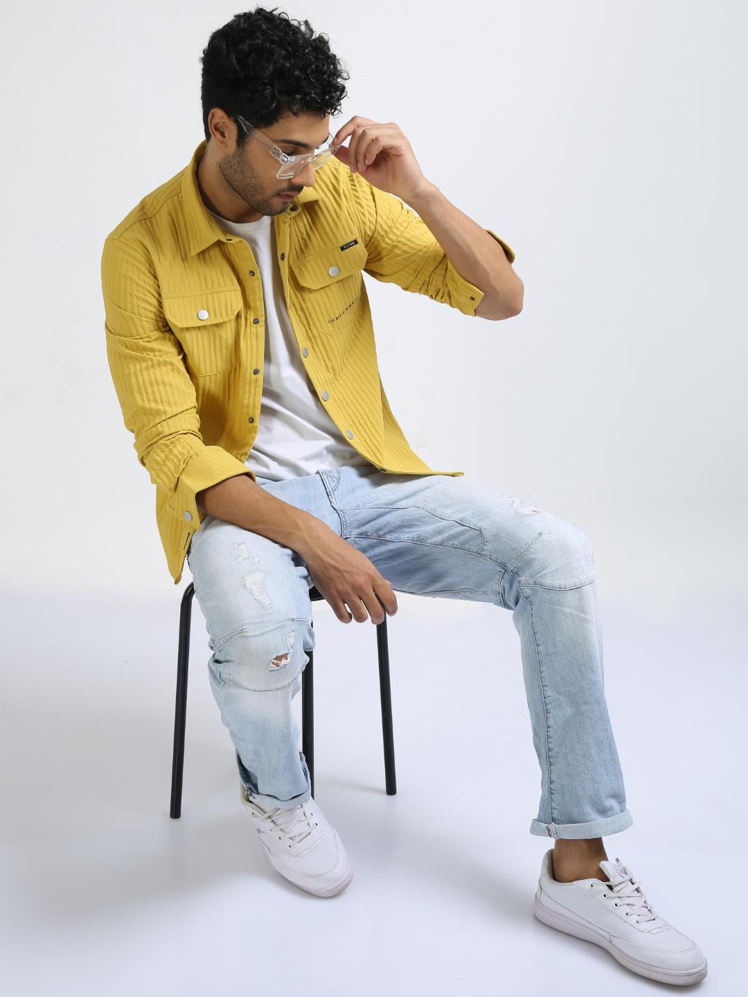 

FLY 69 Spread Collar Slim Fit Oversized Pure Cotton Casual Shirt, Yellow