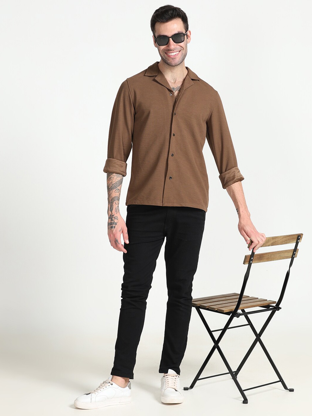 

FLY 69 Premium Boxy Long Sleeves Cuban Collar Pure Cotton Casual Shirt, Brown