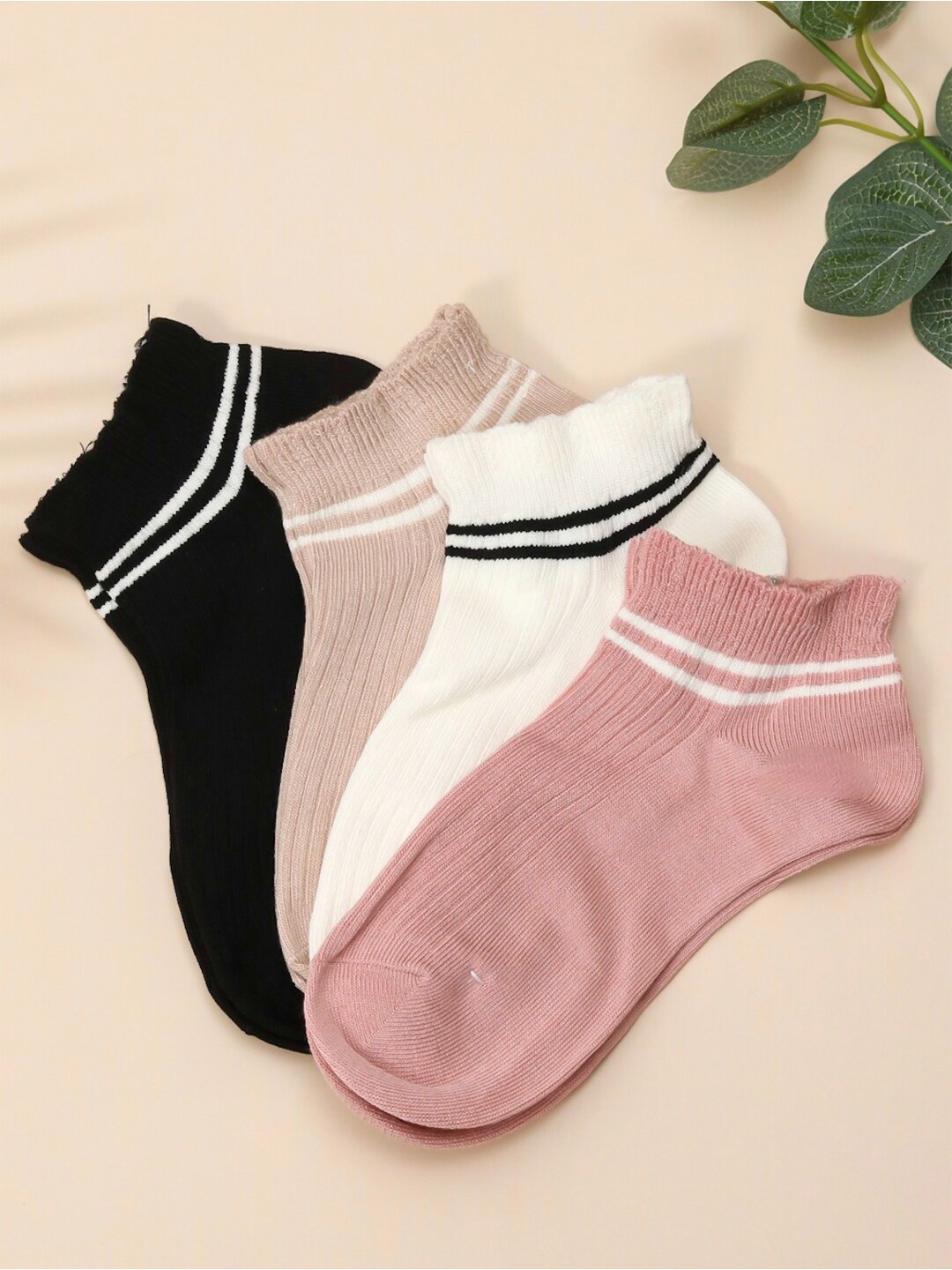 

Yellow Bee Girls Pack Of 4 Striped Cotton Ankle-Length Socks, Peach