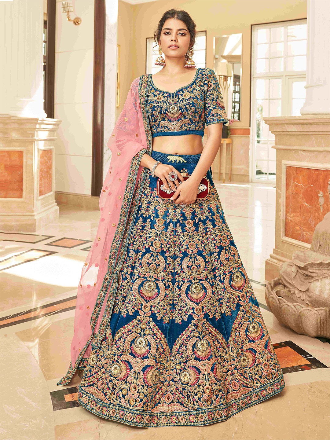 

FABPIXEL Embellished Velvet Semi-Stitched Lehenga & Unstitched Blouse With Dupatta, Blue