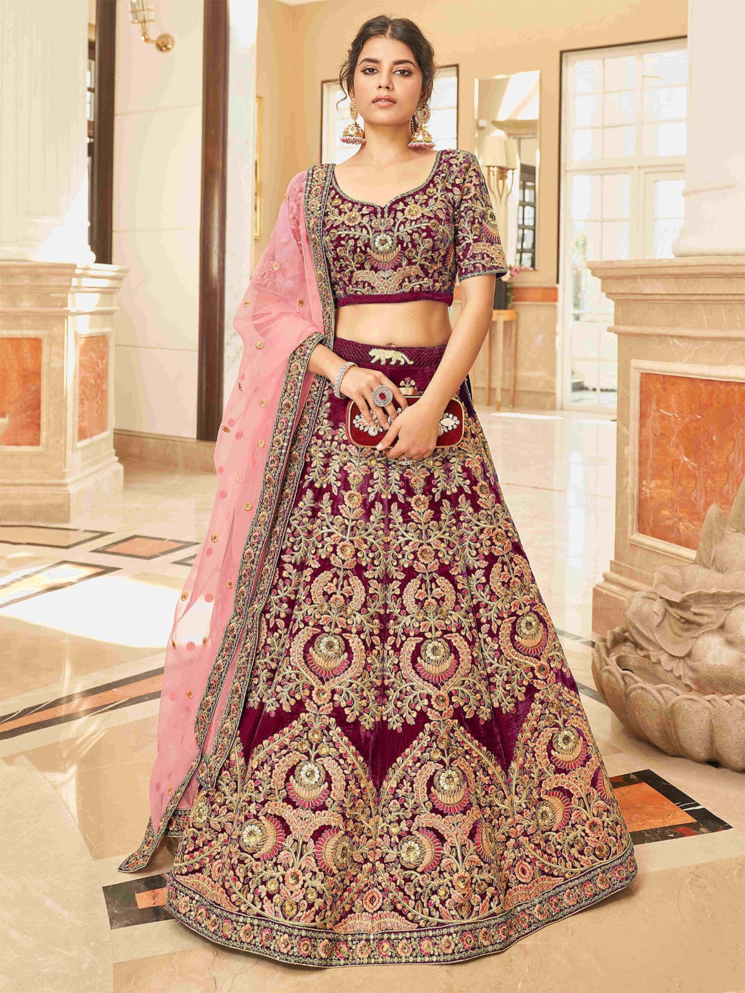 

FABPIXEL Embellished Velvet Semi-Stitched Lehenga & Unstitched Blouse With Dupatta, Maroon