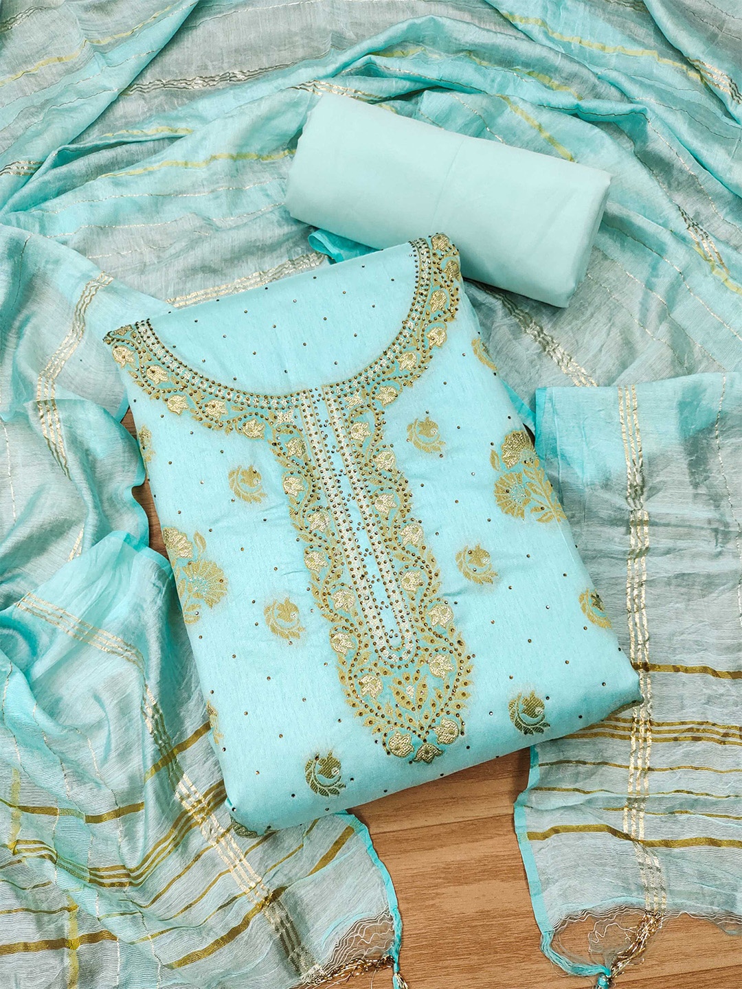 

Panzora Floral Embroidered Beads & Stones Unstitched Dress Material, Blue
