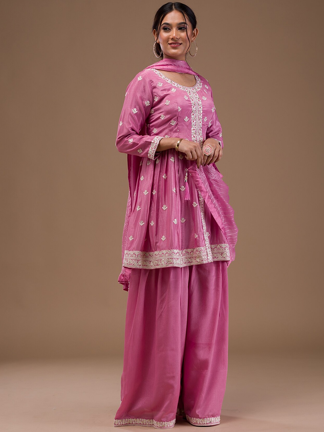 

Koskii Floral Embroidered V-Neck Thread Work Art Silk A-Line KurtI With Sharara & Dupatta, Pink