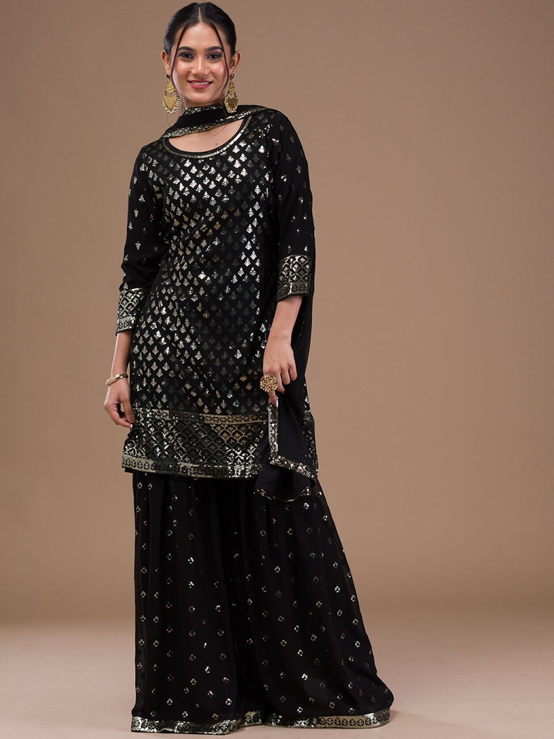 

Koskii Ethnic Motifs Embroidered Round Neck Sequins Georgette Kurti with Sharara & Dupatta, Black