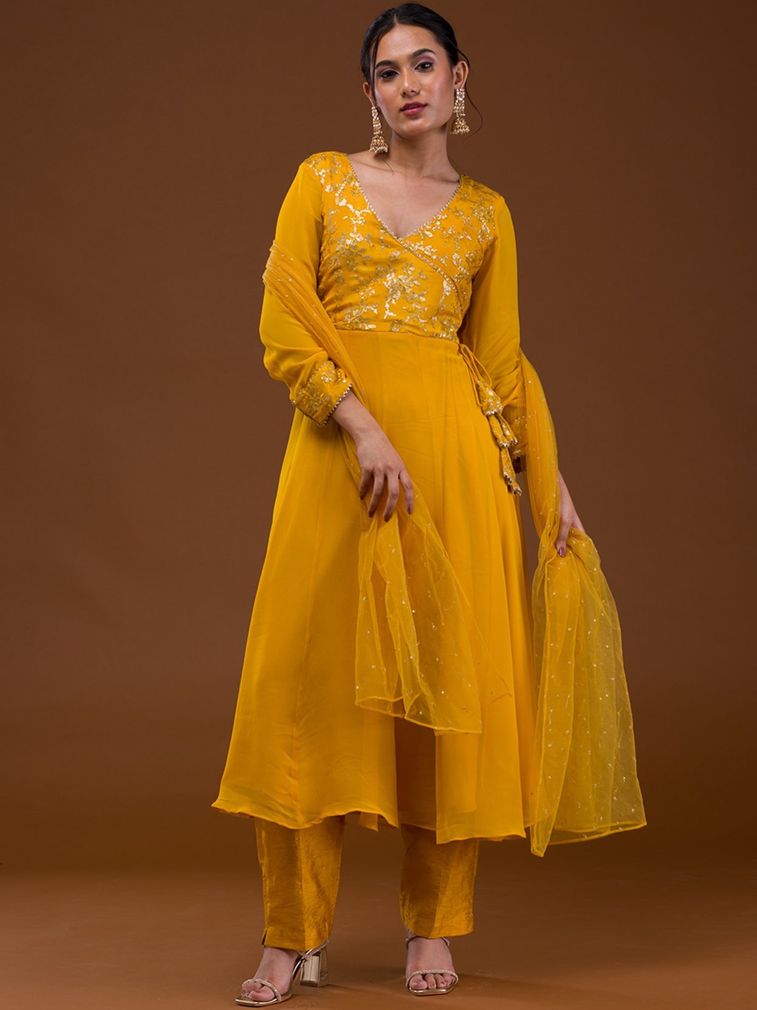 

Koskii Floral Embroidered Anarkali Angrakha Sequinned Kurta with Trousers & Dupatta, Yellow