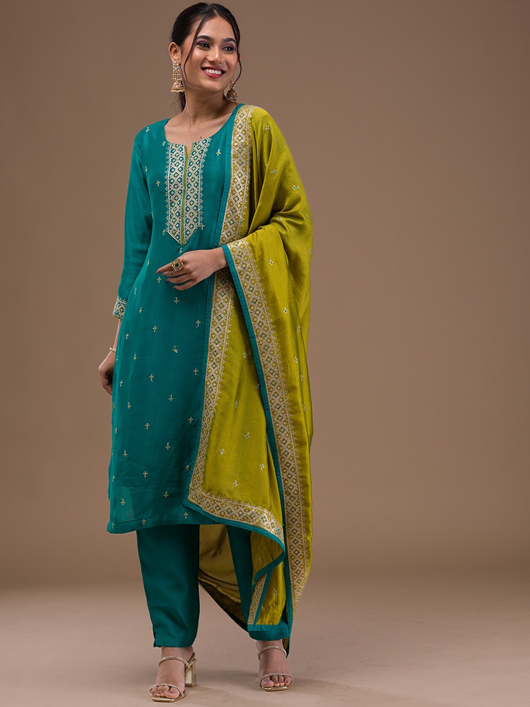 

Koskii Ethnic Motifs Embroidered Notch Neck Zari Raw Silk Kurta With Trouser & Dupatta, Green