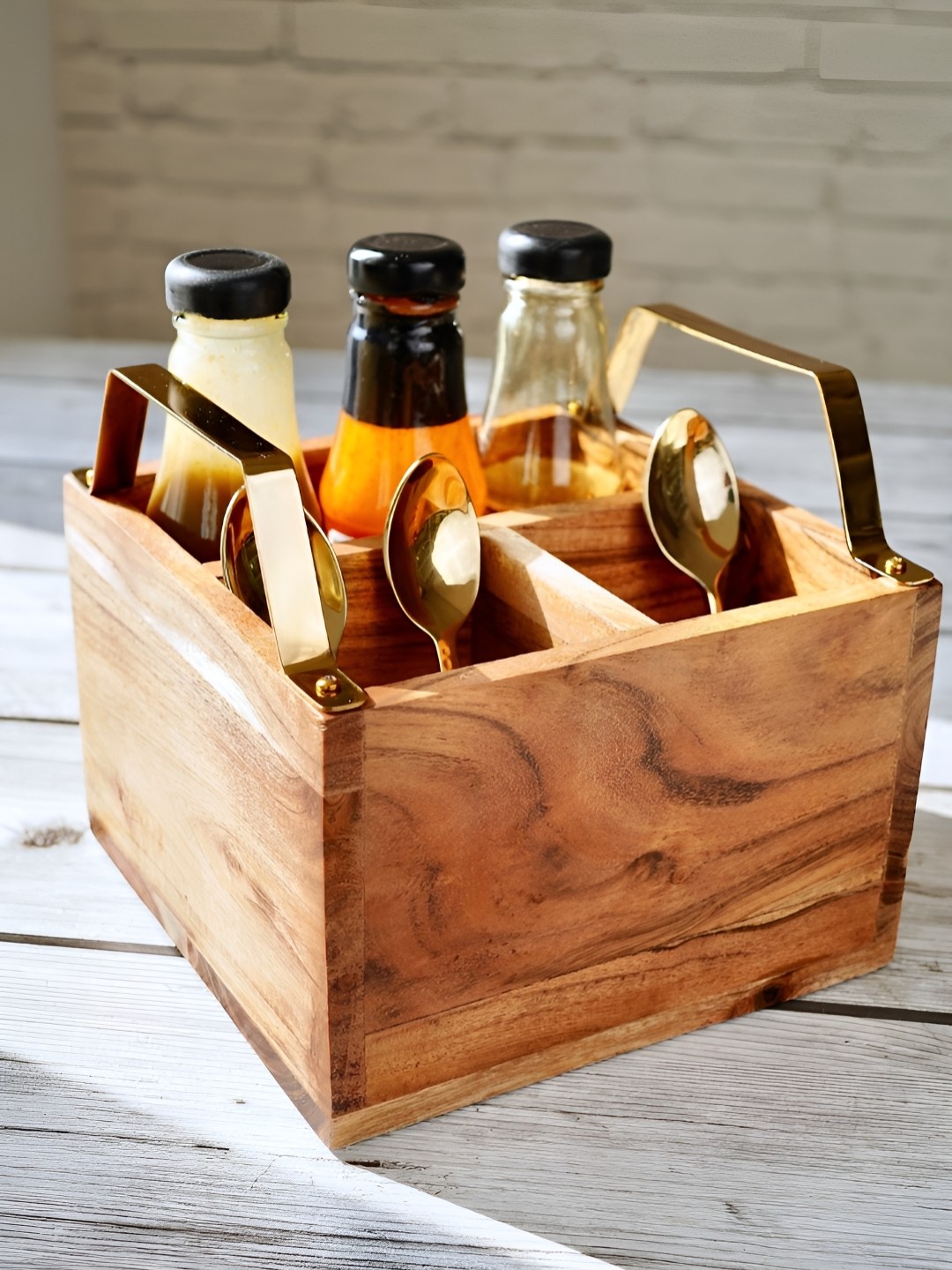 

BEHOMA Brown & Gold-Toned Wooden Cutlery Holder