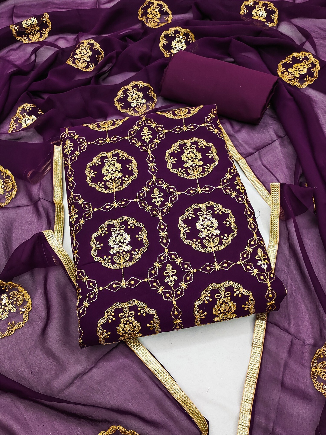 

Panzora Ethnic Motifs Embroidered Unstitched Dress Material, Purple