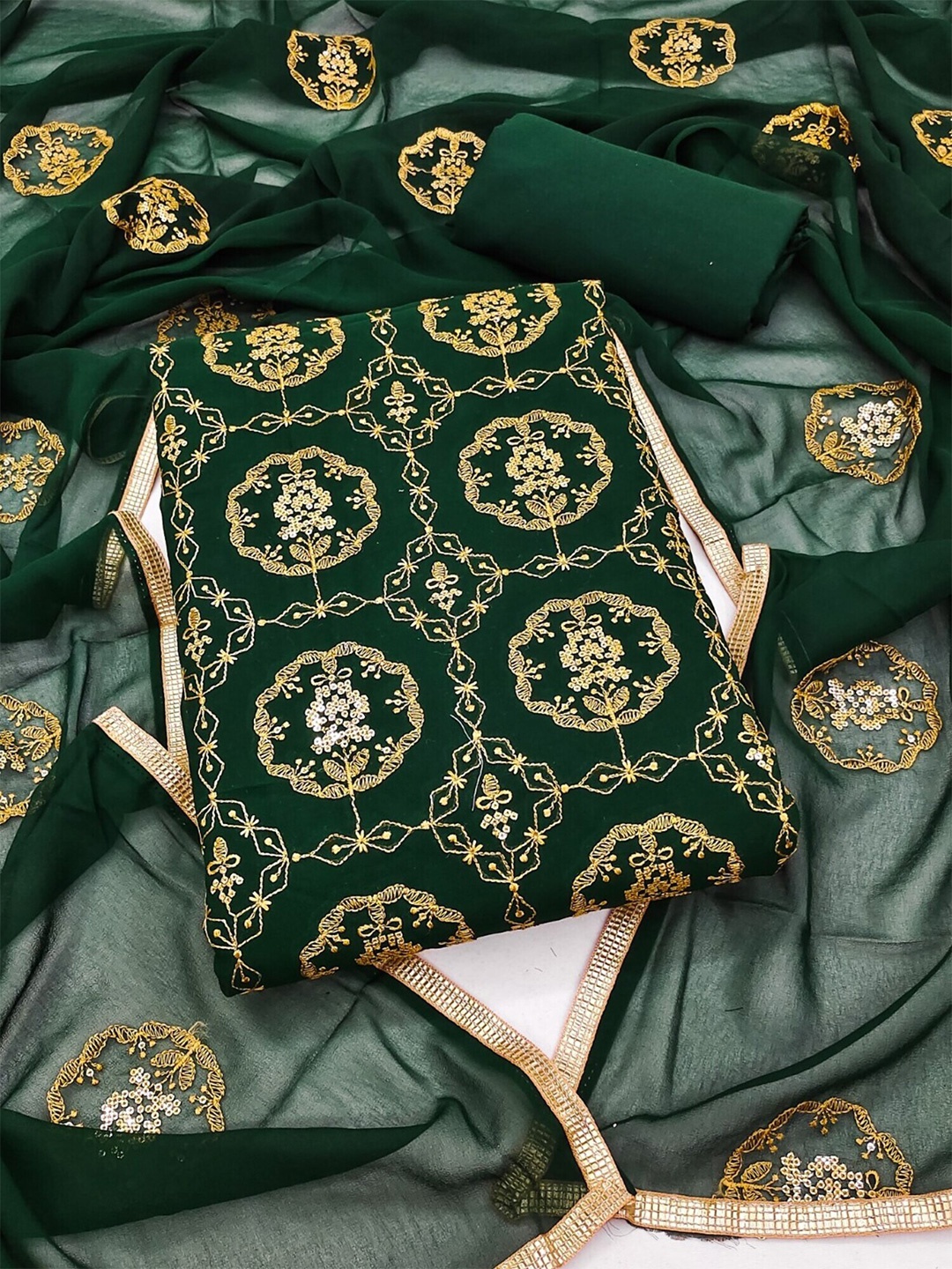

Panzora Ethnic Motifs Embroidered Unstitched Dress Material, Green