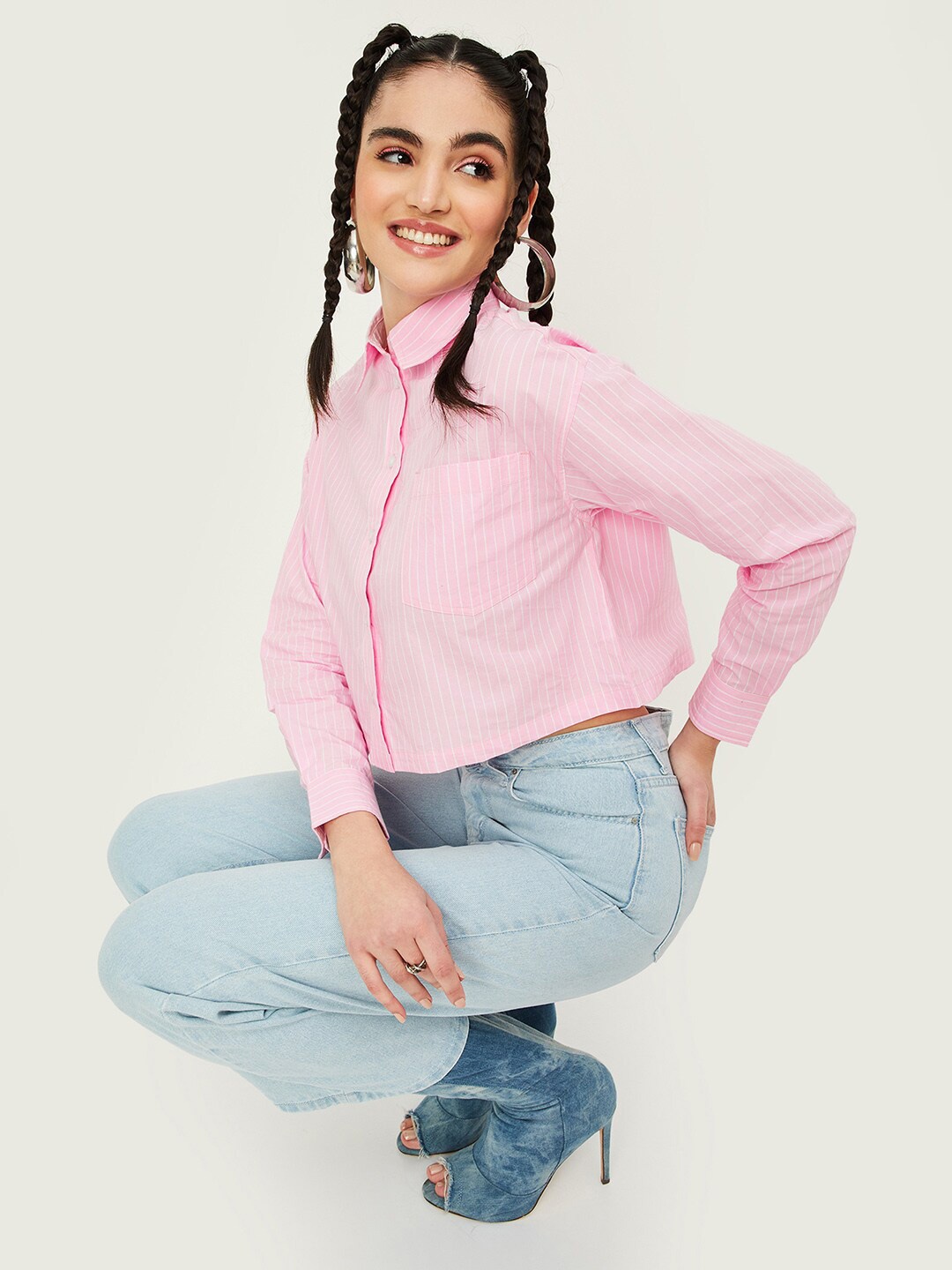 

max Vertical Stripes Spread Collar Cotton Casual Shirt, Pink