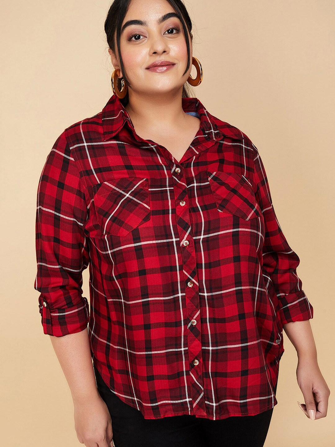 

max Plus Size Tartan Checks Spread Collar Chest Pocket Casual Shirt, Red