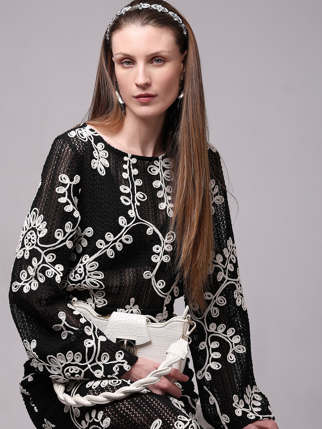 

Vero Moda Floral Embroidered Sheer Top, Black