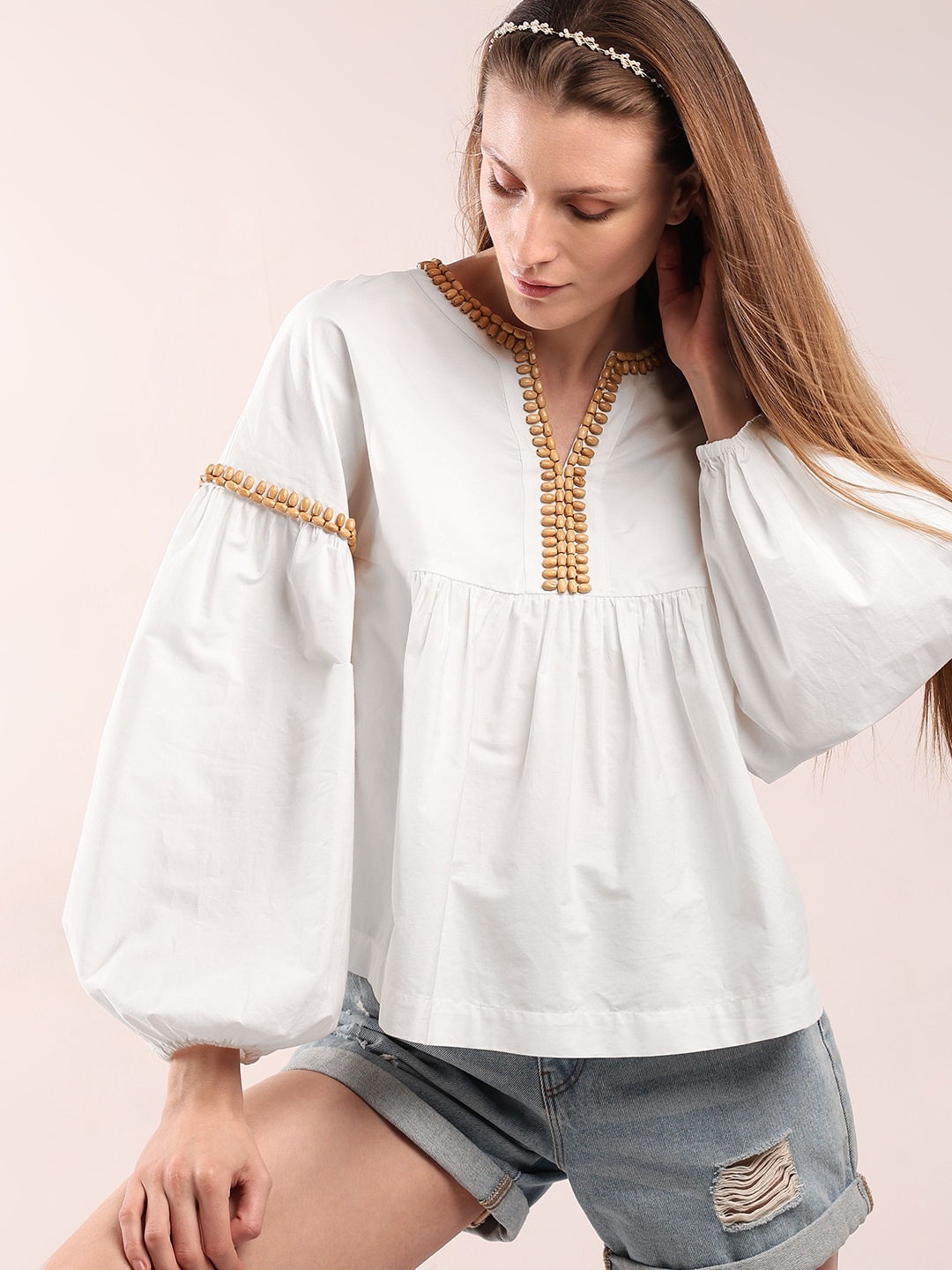 

Vero Moda Notch Neck Bishop Sleeves Gathered Cotton A-Line Top, White