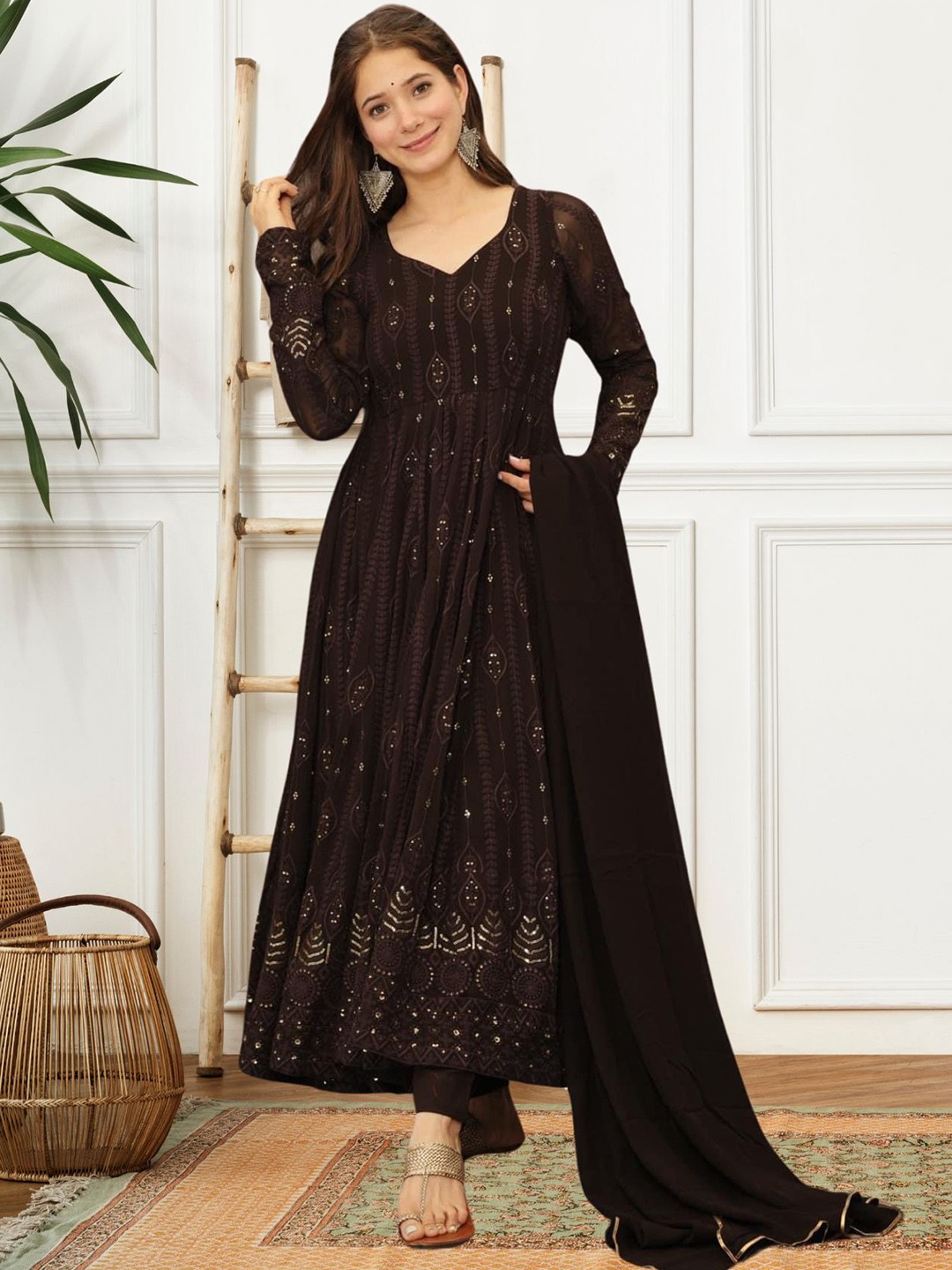 

ESTELA Ethnic Motifs Embroidered Mirror Work Anarkali Kurta with Trousers & Dupatta, Brown