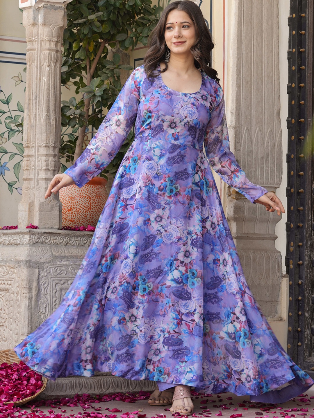 

ESTELA Floral Printed Round Long Sleeves Neck Kurta with Trousers & With Dupatta, Purple