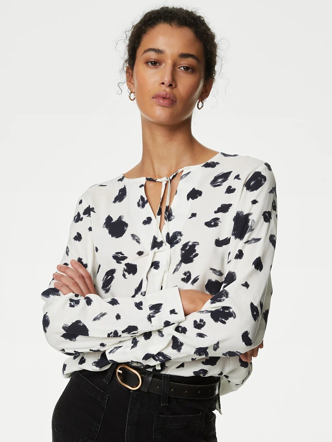 

Marks & Spencer Printed Tie-Up Neck Top, White