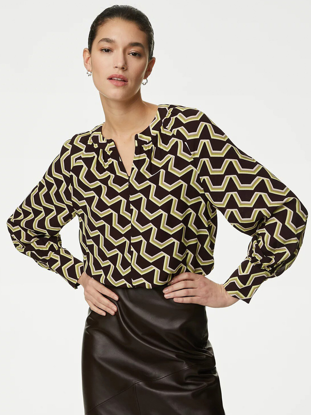 

Marks & Spencer Long Sleeves Animal Print Top, Brown