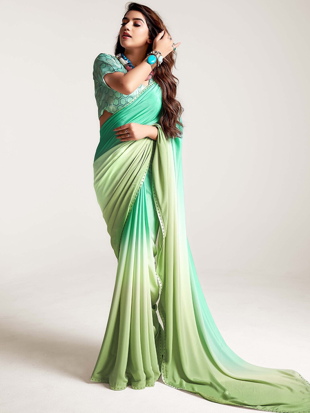 

SANSKAR Ombre Beads and Stones Pure Crepe Saree, Sea green