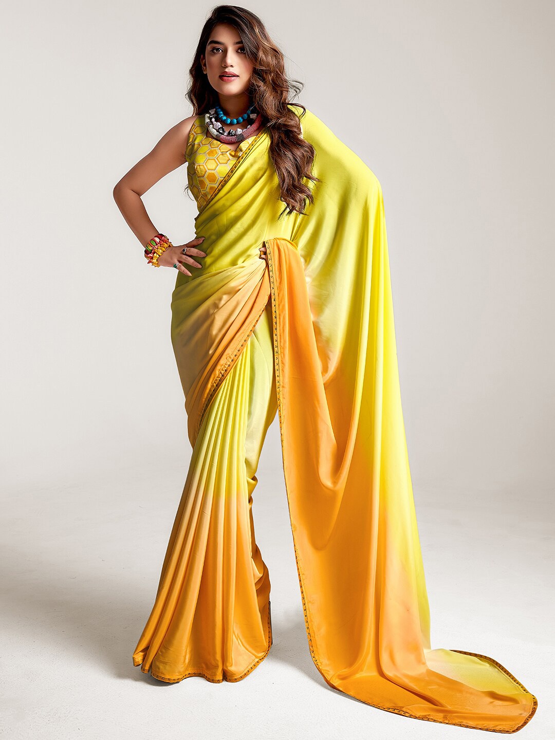

SANSKAR Ombre Beads and Stones Pure Crepe Saree, Yellow