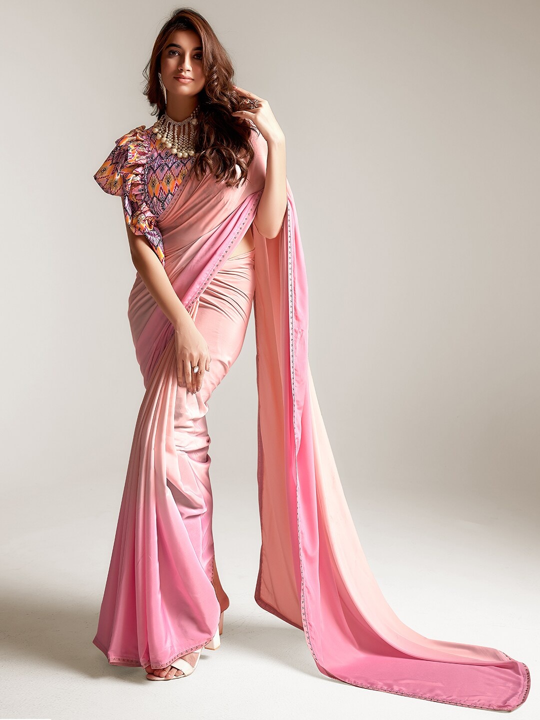 

SANSKAR Beads and Stones Pure Crepe Saree, Peach