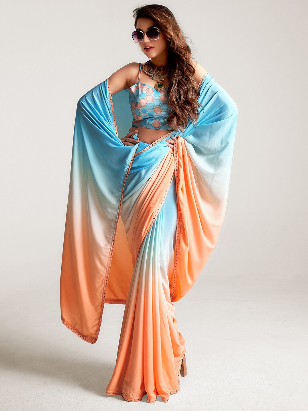 

SANSKAR Ombre Beads and Stones Pure Crepe Saree, Turquoise blue