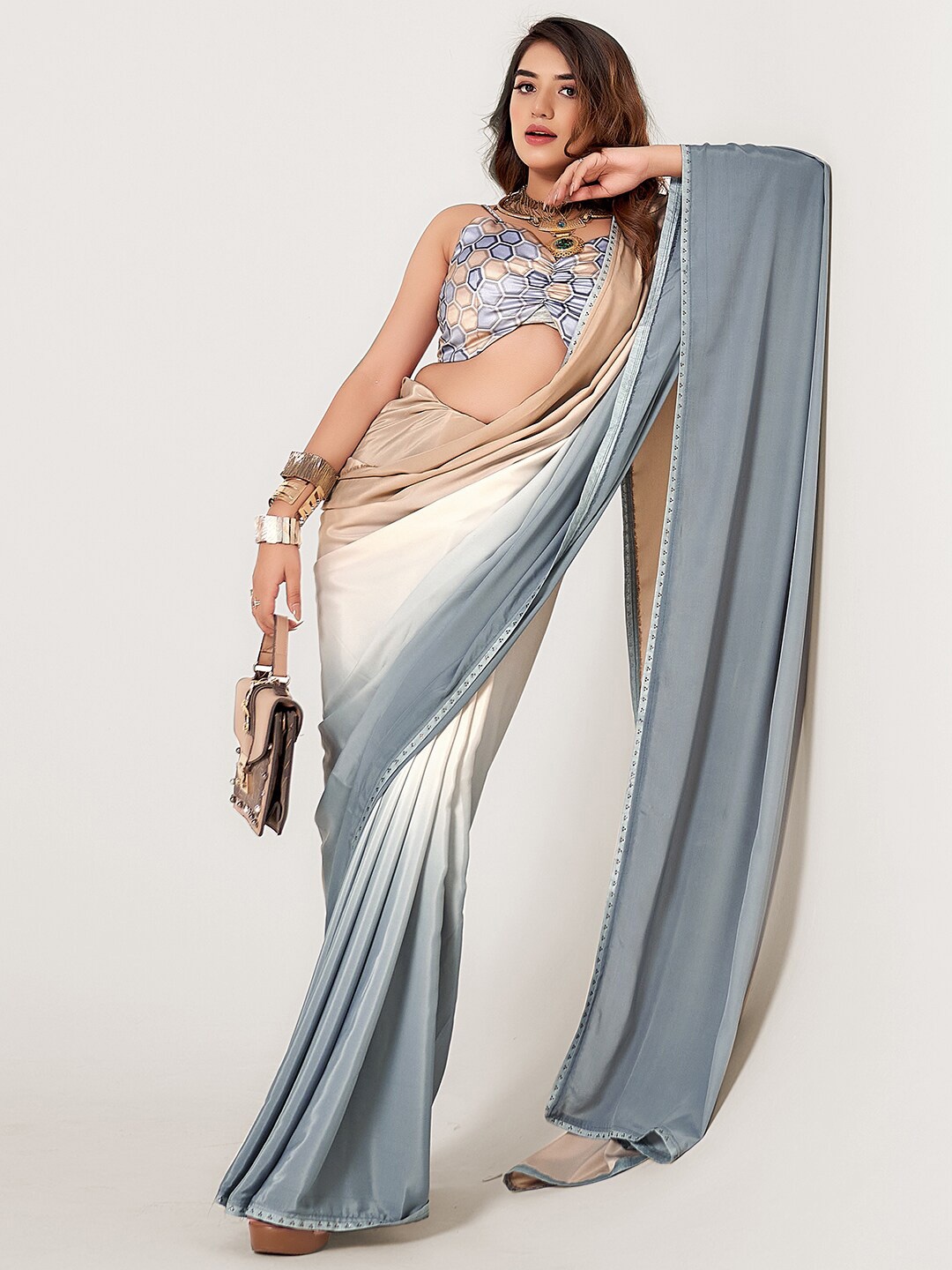 

SANSKAR Ombre Beads and Stones Pure Crepe Saree, Grey