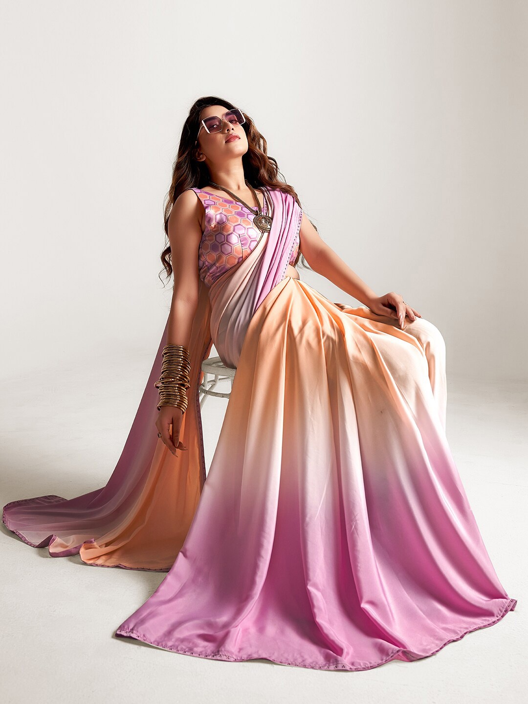 

SANSKAR Ombre Beads and Stones Pure Crepe Saree, Orange