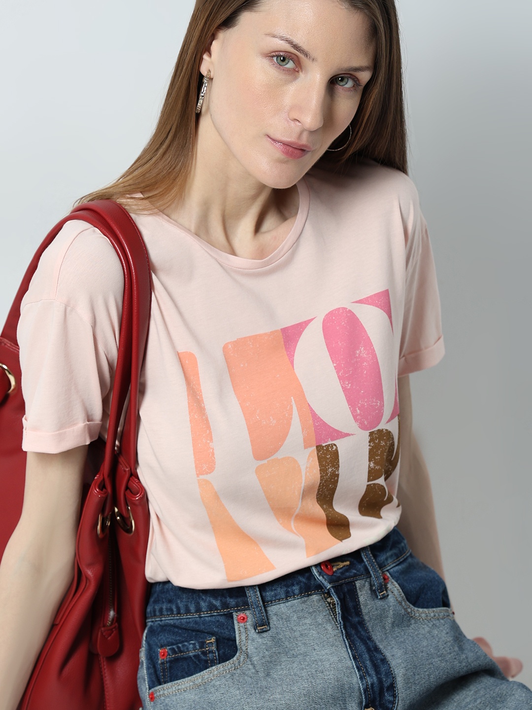 

Vero Moda Typography Printed Round Neck Cotton T-shirt, Pink
