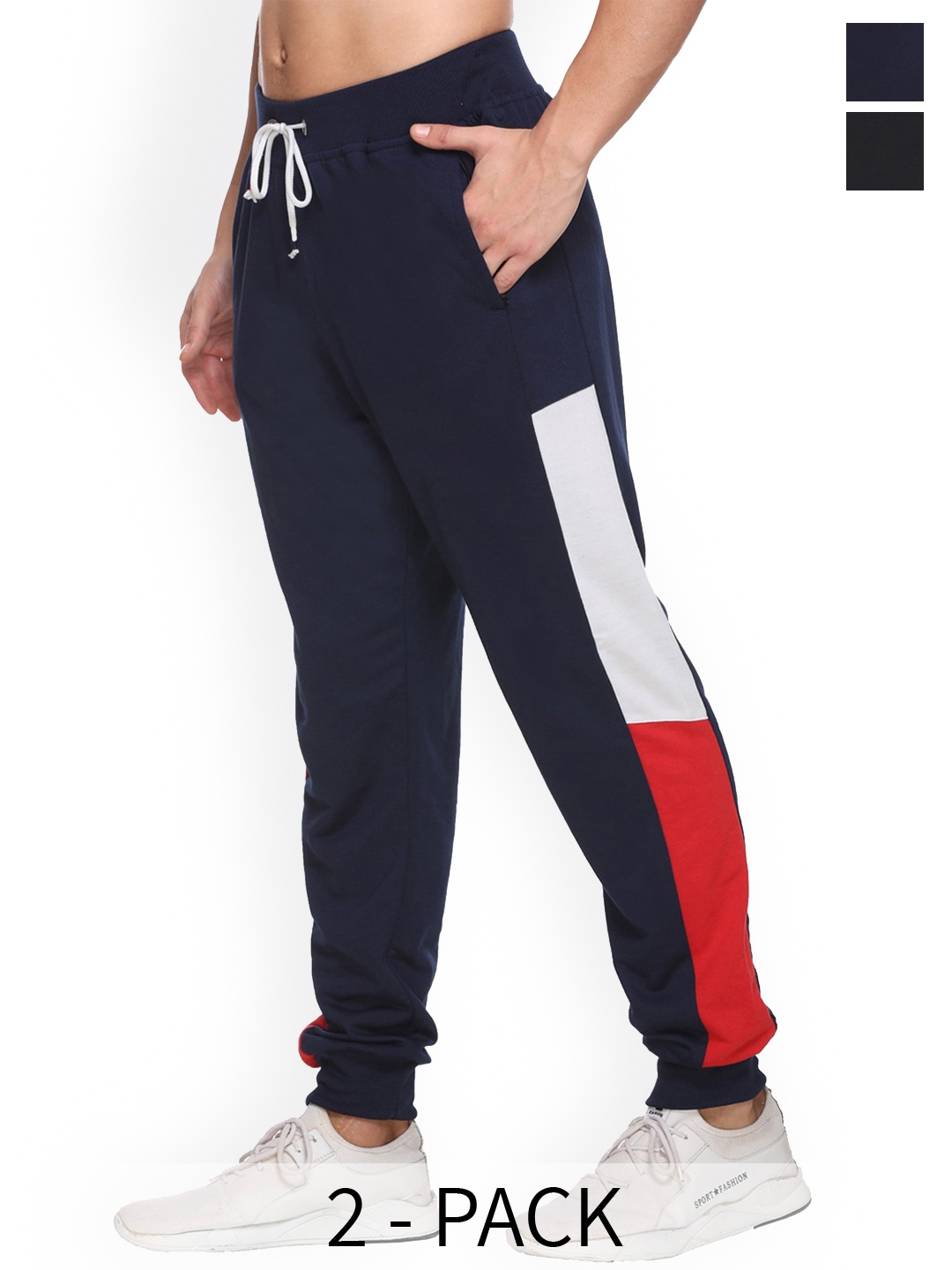 

BASIS Fclr Men Pack Of 2 Colourblocked Mid Rise Sports Joggers, Navy blue