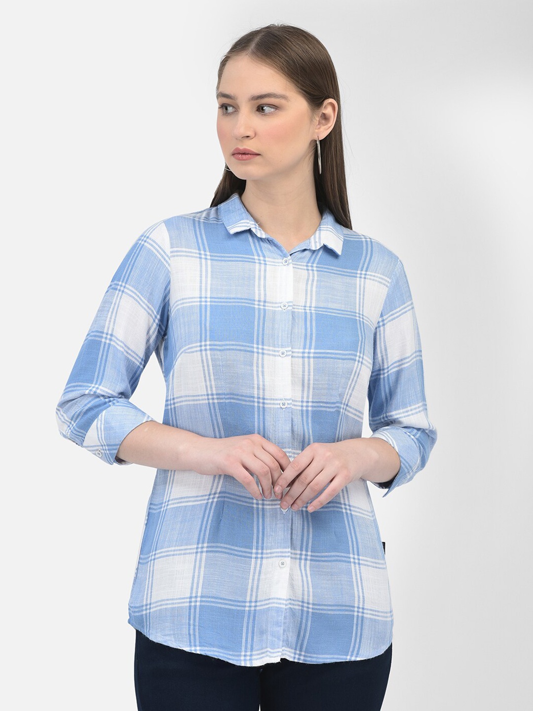 

Crimsoune Club Tartan Checks Printed Spread Collar Slim Fit Casual Shirt, Blue