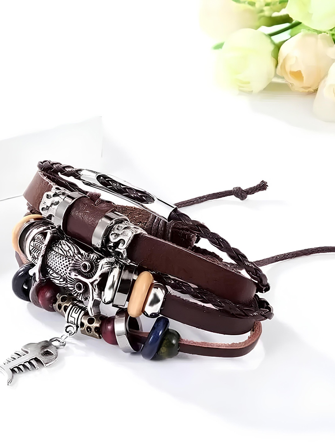 

KARISHMA KREATIONS Unisex Set Of 2 Leather Multistrand Bracelet, Silver