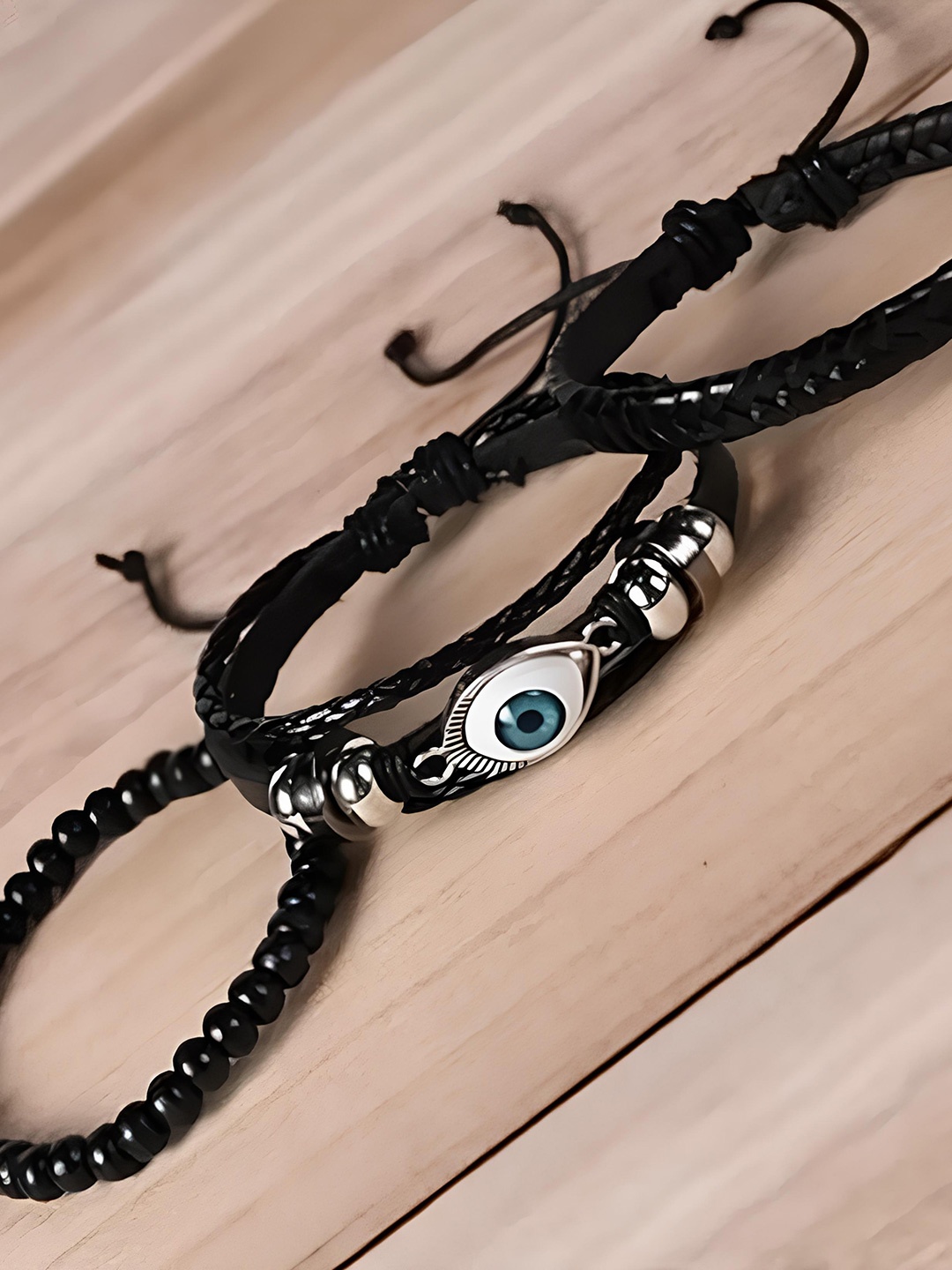 

KARISHMA KREATIONS Unisex Pack Of 2 Evil Eye Leather Multistrand Bracelet, Black