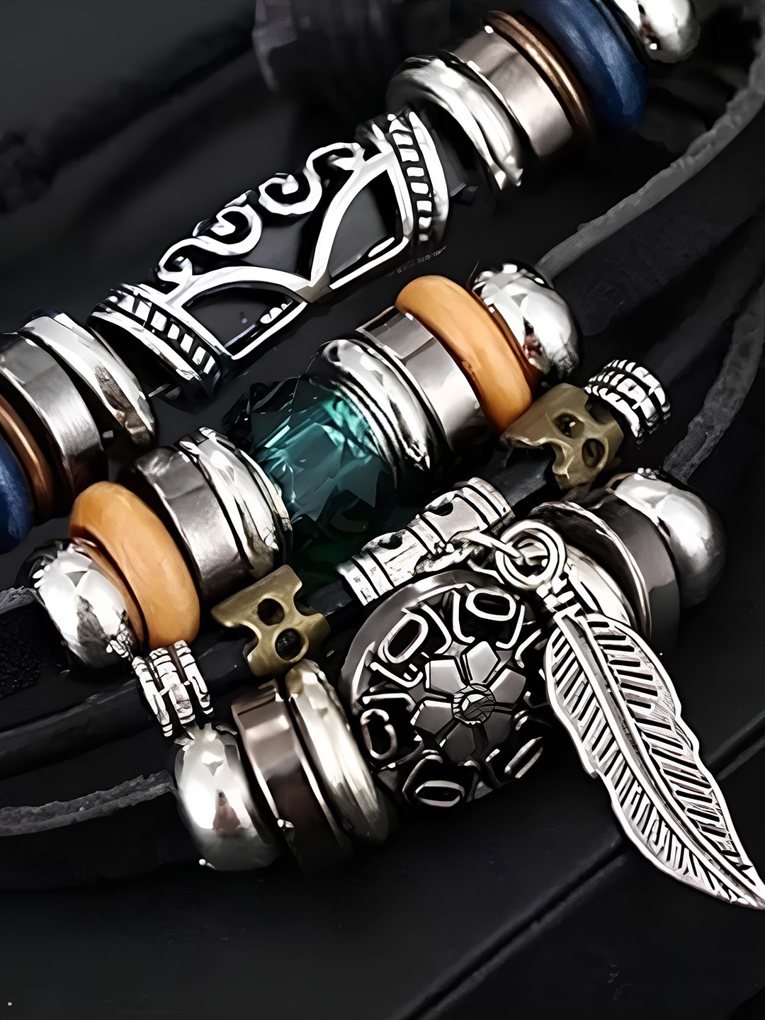 

KARISHMA KREATIONS Unisex Set Of 2 Leather Multistrand Bracelet, Silver