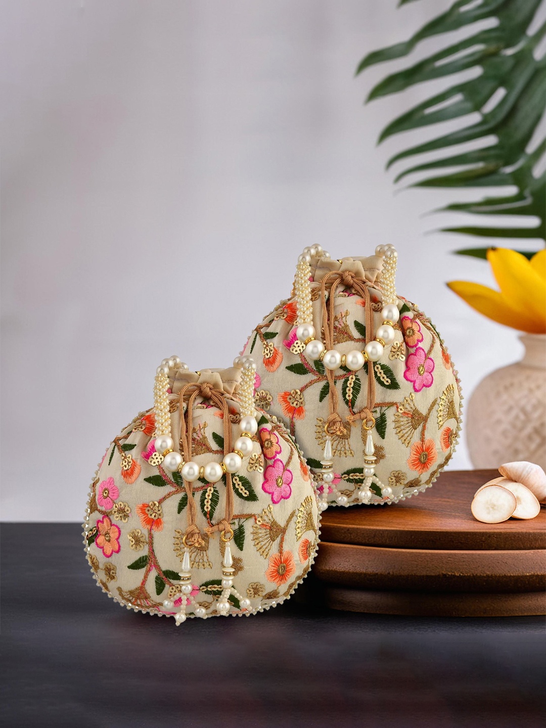 

Kuber Industries Set Of 2 Embellished Potli Clutch, Cream