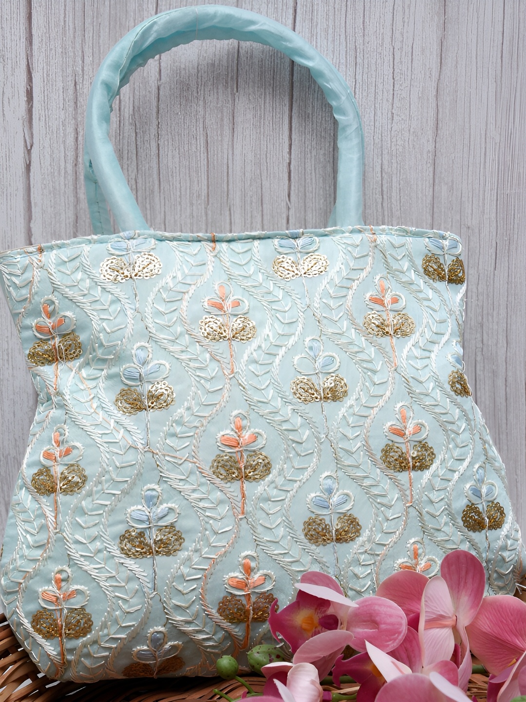 

Kuber Industries Set Of 2 Floral Embroidered Structured Handheld Bag, Blue
