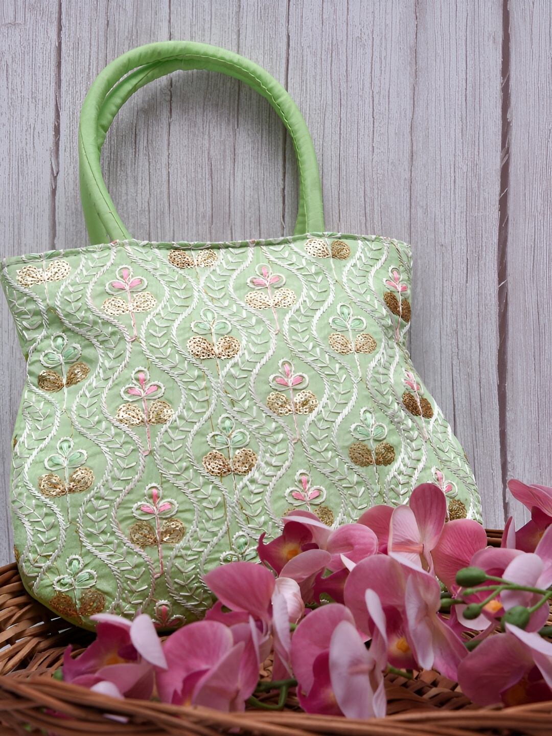

Kuber Industries Set Of 3 Ethnic Motifs Embellished Handheld Bag, Cream