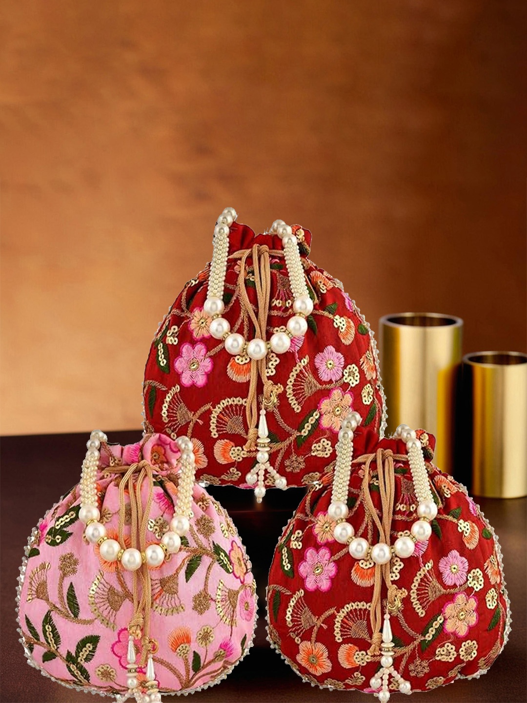 

Kuber Industries Set Of 3 Embellished Potli Clutch, Maroon