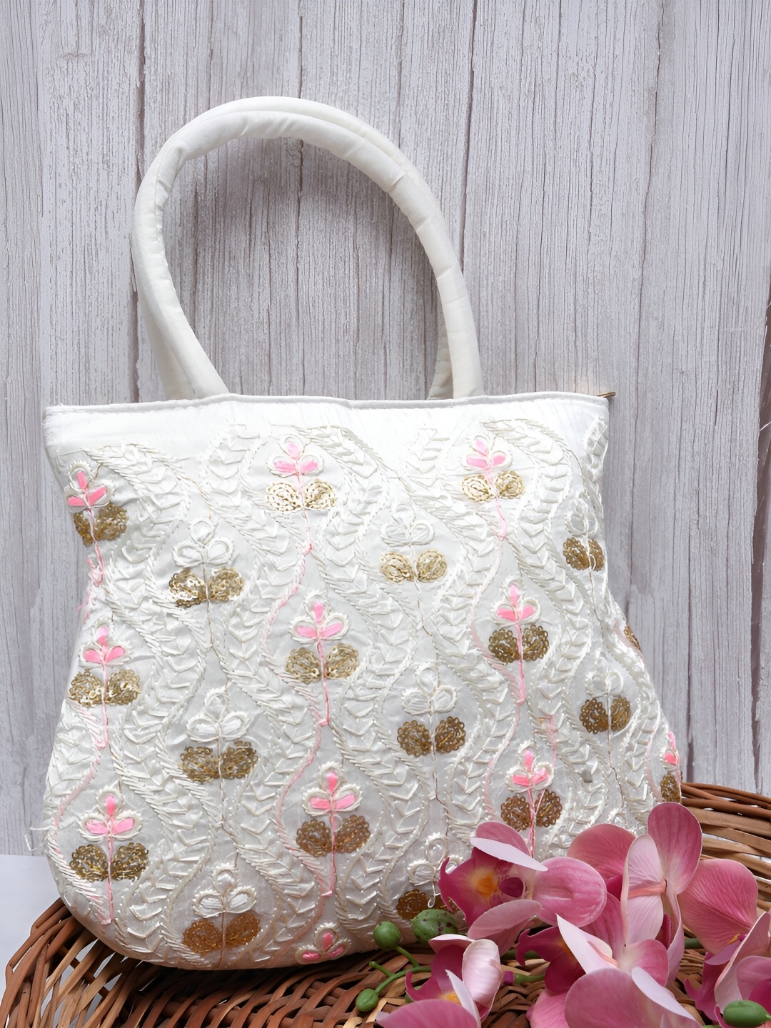 

Kuber Industries Set Of 2 Floral Embroidered Structured Handheld Bag, White